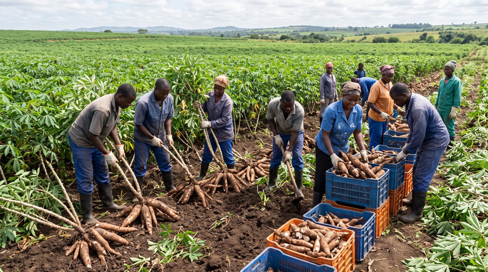 Farm workers harvesting mature cassava and gathering roots into crates