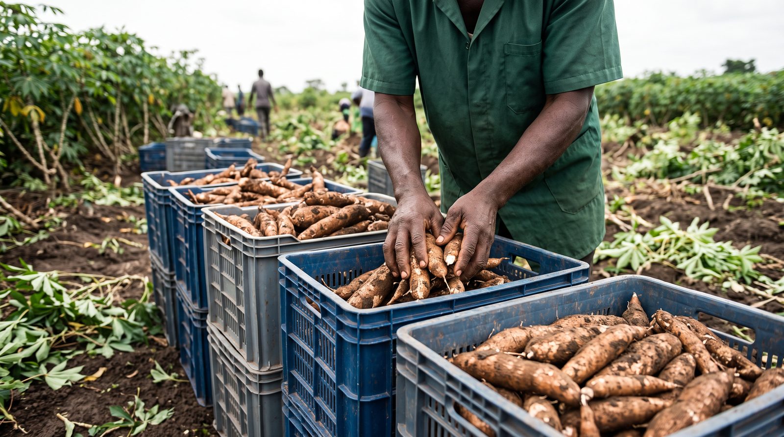 Freshly harvested cassava roots being packed into crates at the farm
