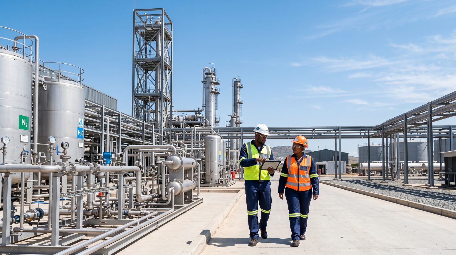 Engineers walking a modern industrial chemicals plant with tanks and process towers