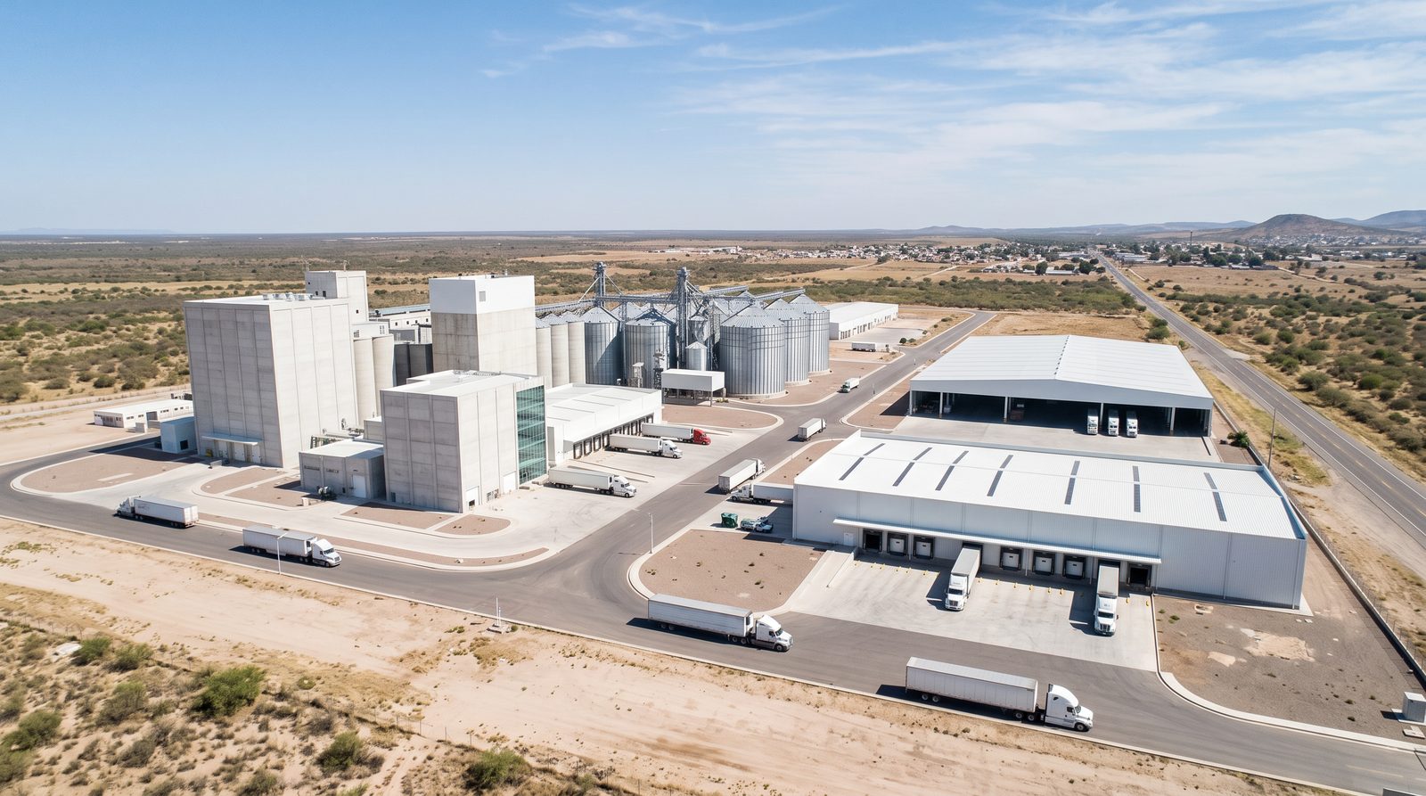Aerial view of a modern agro-industrial complex with silos, warehouses and loading bays