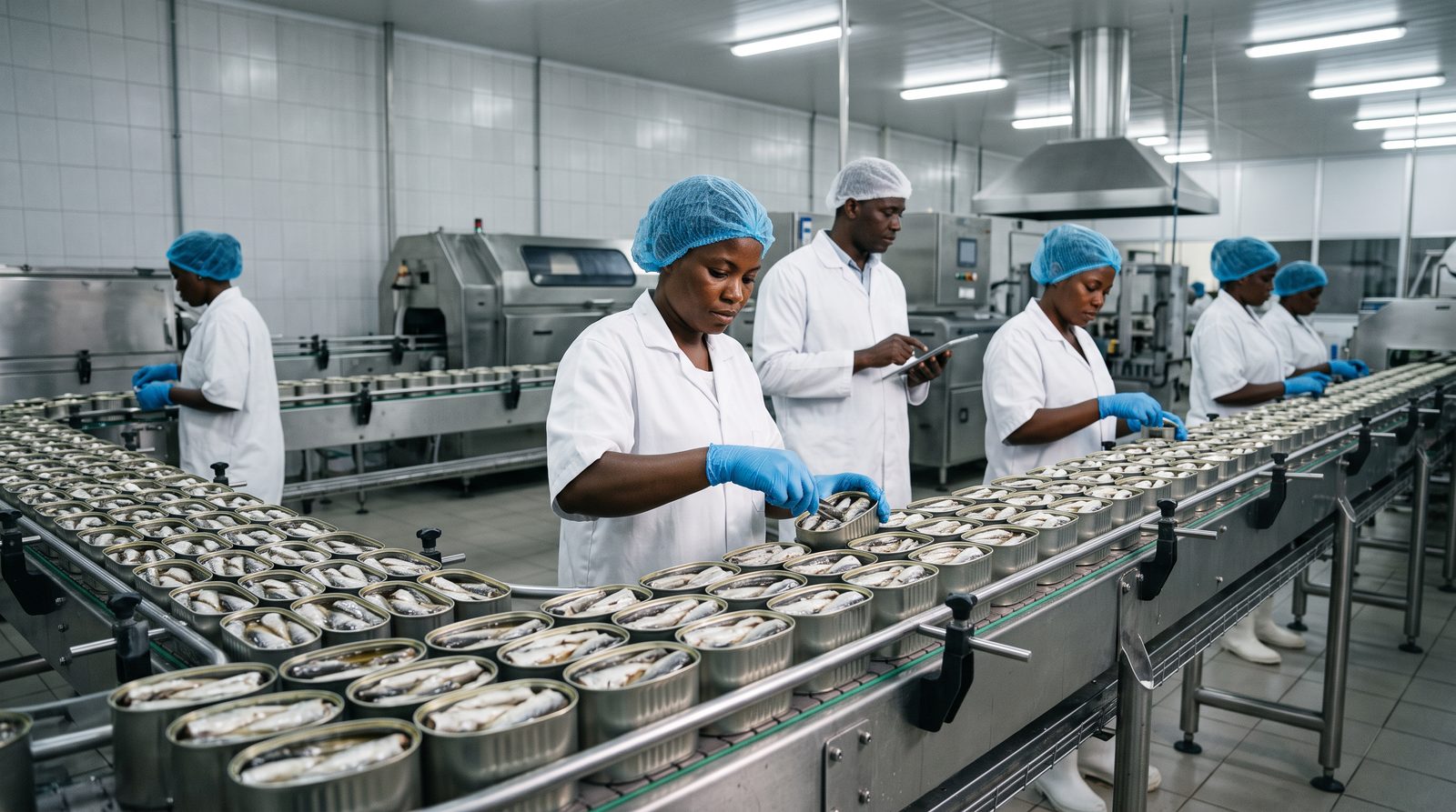Workers inspecting filled sardine cans on a canning line conveyor