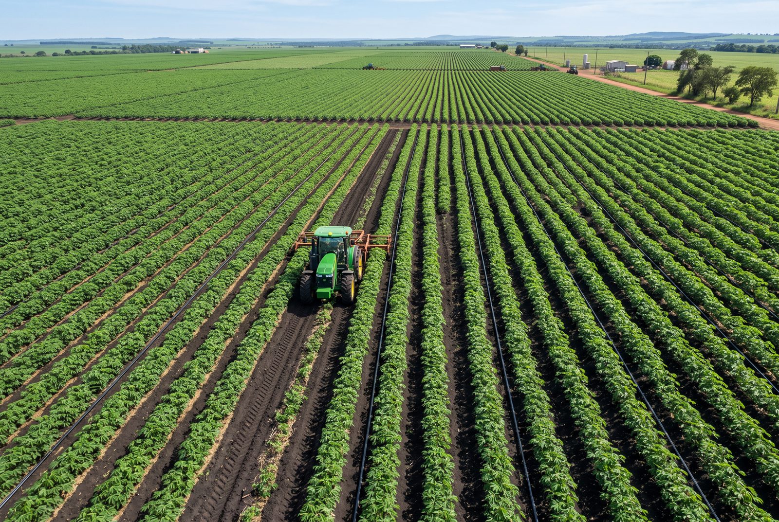 Tractor working neat rows of cassava on a mechanized nucleus farm