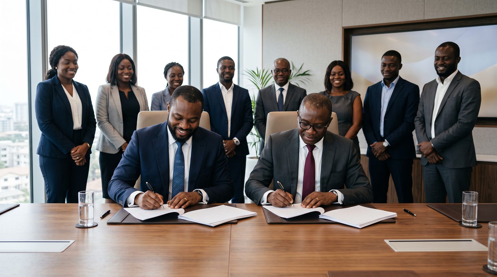 Executives signing partnership documents at a boardroom table