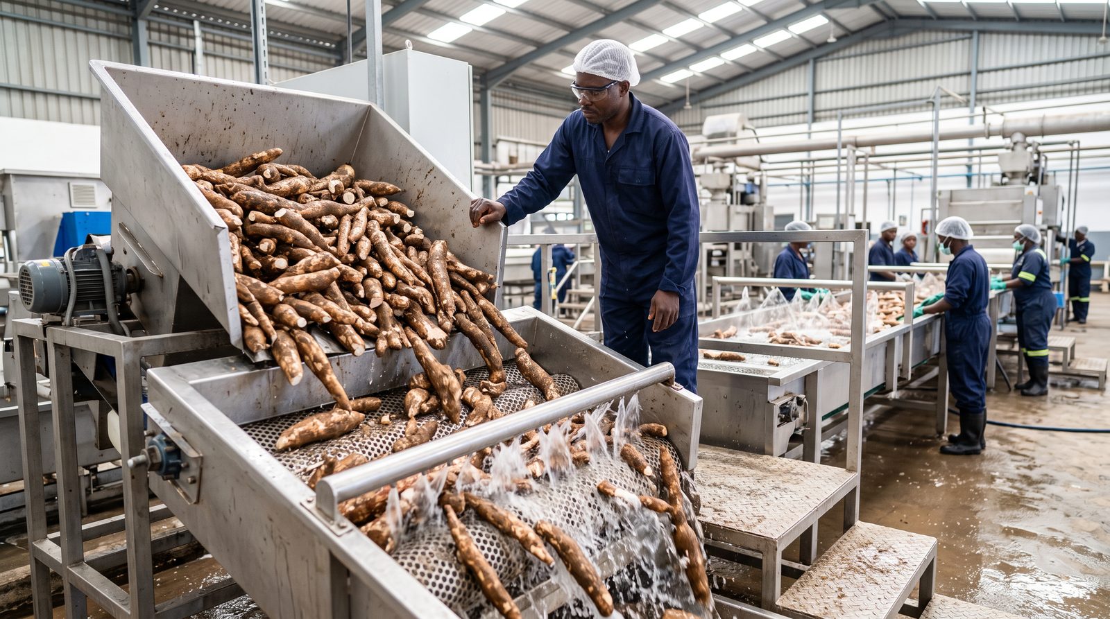 Fresh cassava roots on the washing line at intake