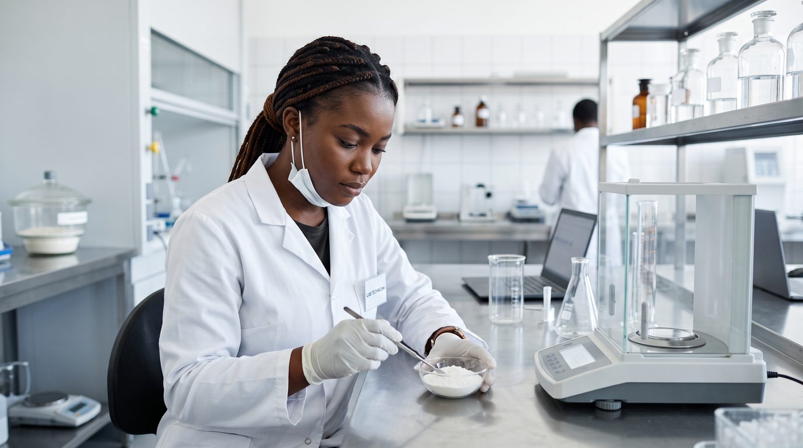 Laboratory technician testing a sample of white cassava starch beside a precision balance