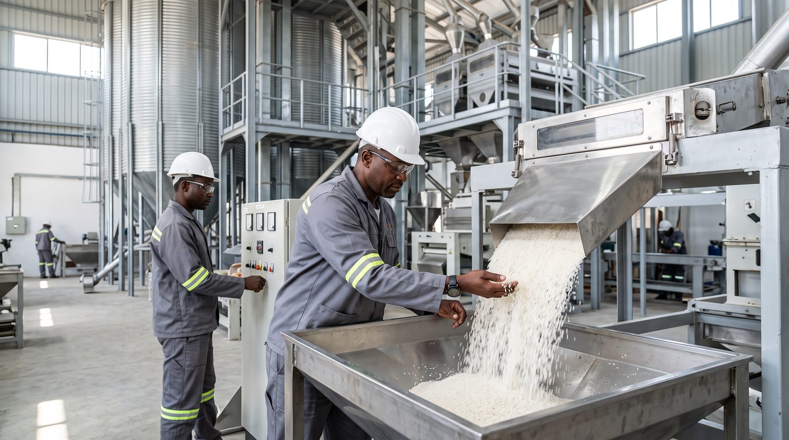 Mill operator checking milled white rice flowing from a sorting machine