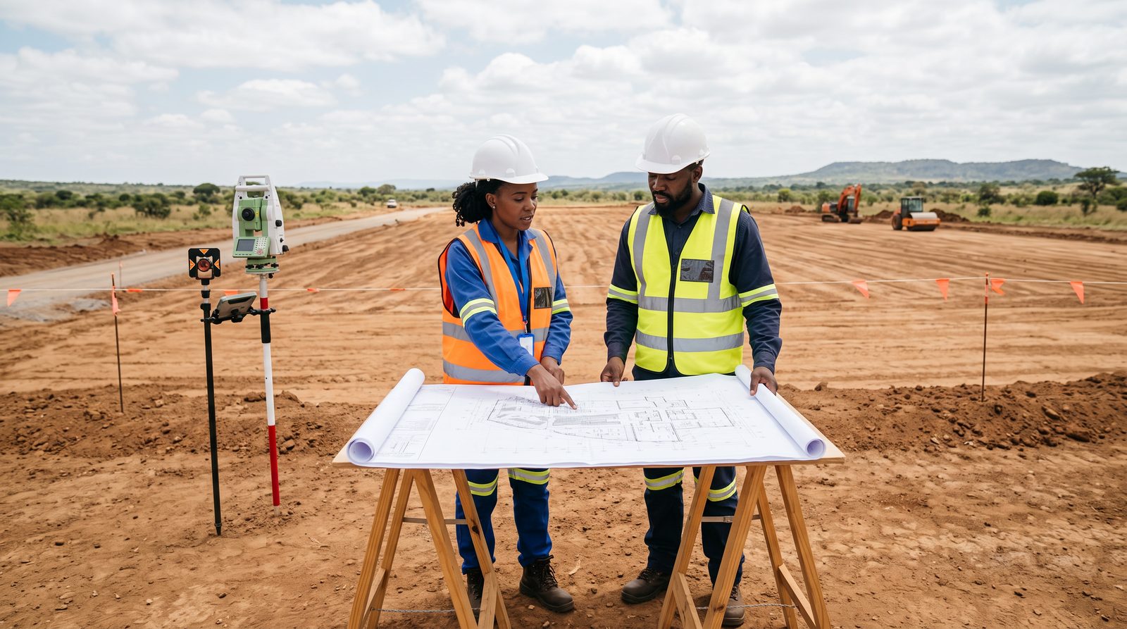 Engineers in hard hats reviewing plans on a cleared greenfield industrial site