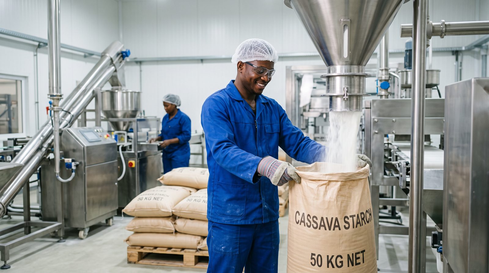 White cassava starch being filled into 50 kg sacks on the production line