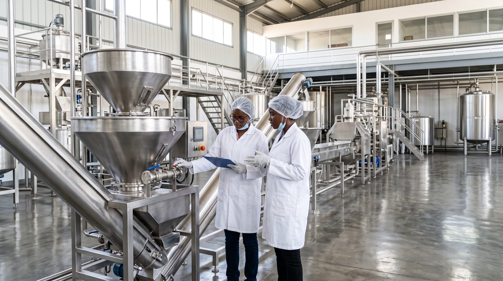 Stainless steel processing lines inside a modern starch plant, technicians inspecting equipment